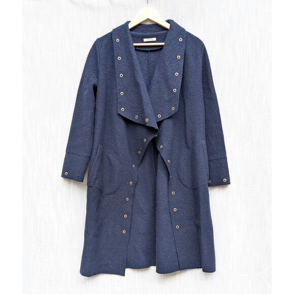 Devernois Navy Oversized Wool Long Sleeve Textile Long Coat, size 1/S - Picture 1 of 8